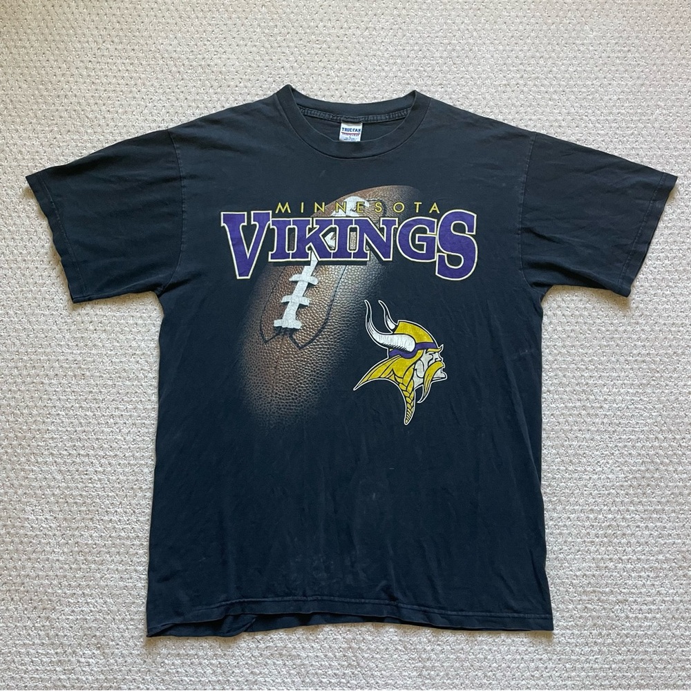Vintage Minnesota Vikings T Shirt Size Large Black Graphic NFL Spellout 90s